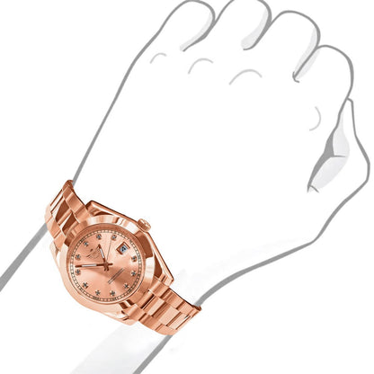 Men's Solid Full Stainless Steel AUTOMATIC 18K Rose Gold Copper Tone Simulated Diamond 40mm Watch W/Date Function