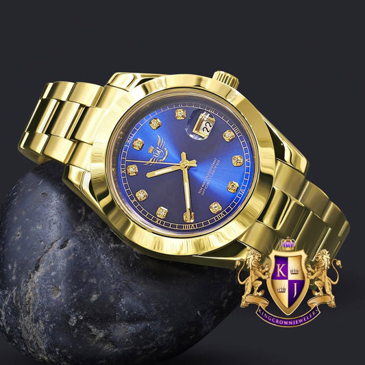 Sapphire Blue Dial Face Men's Solid Full Stainless Steel AUTOMATIC 18K Yellow Gold Tone Simulated Diamond 40mm Watch W/Date Function