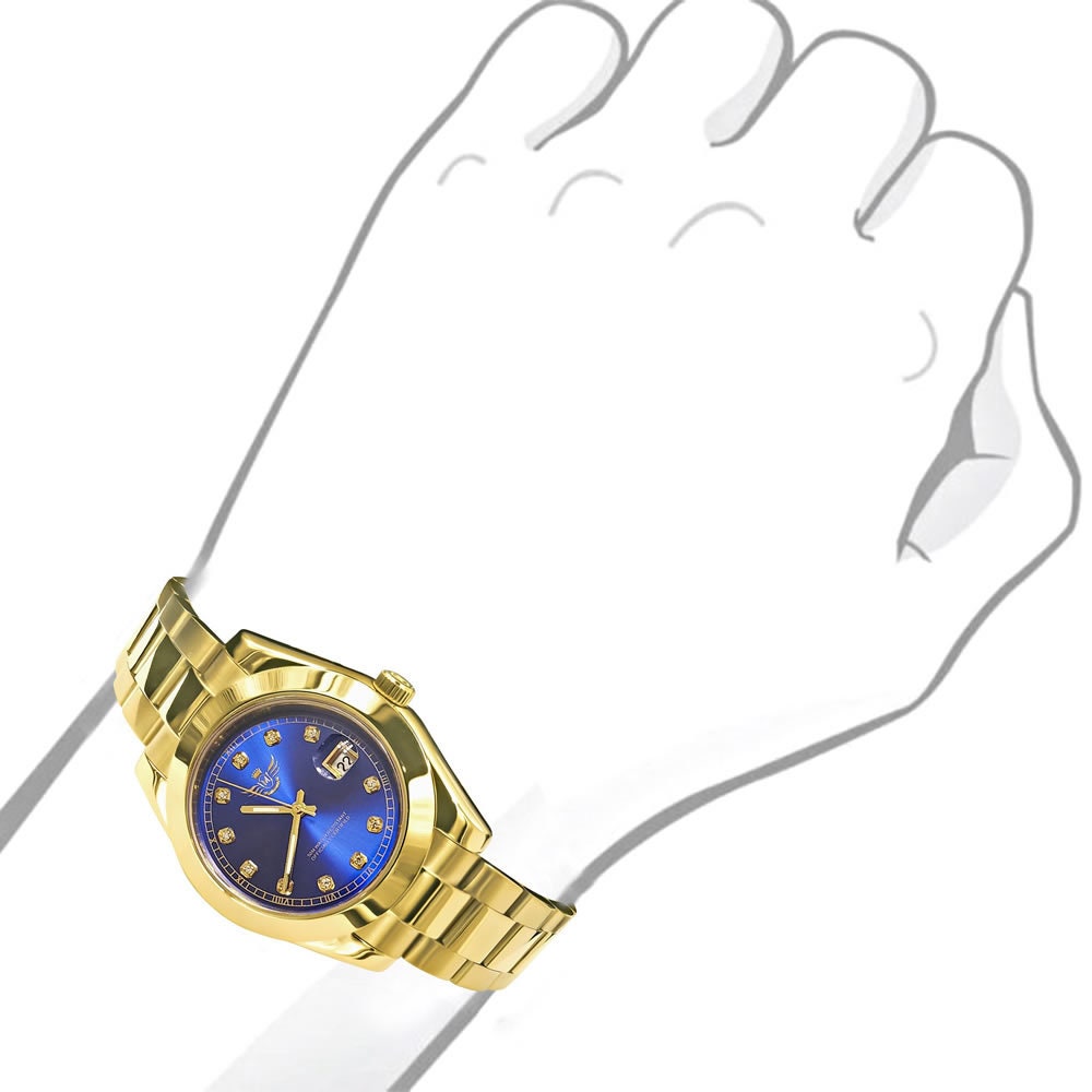 Sapphire Blue Dial Face Men's Solid Full Stainless Steel AUTOMATIC 18K Yellow Gold Tone Simulated Diamond 40mm Watch W/Date Function