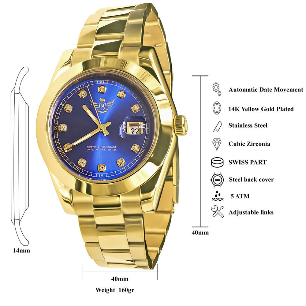 Sapphire Blue Dial Face Men's Solid Full Stainless Steel AUTOMATIC 18K Yellow Gold Tone Simulated Diamond 40mm Watch W/Date Function
