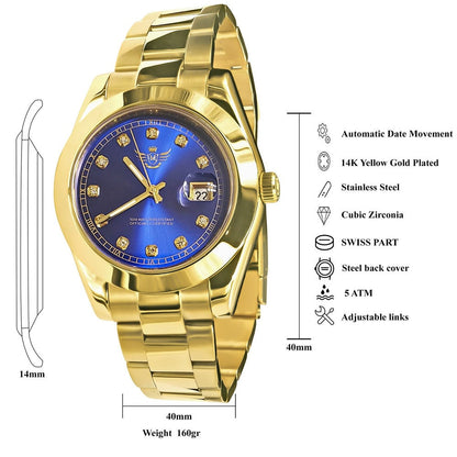 Sapphire Blue Dial Face Men's Solid Full Stainless Steel AUTOMATIC 18K Yellow Gold Tone Simulated Diamond 40mm Watch W/Date Function
