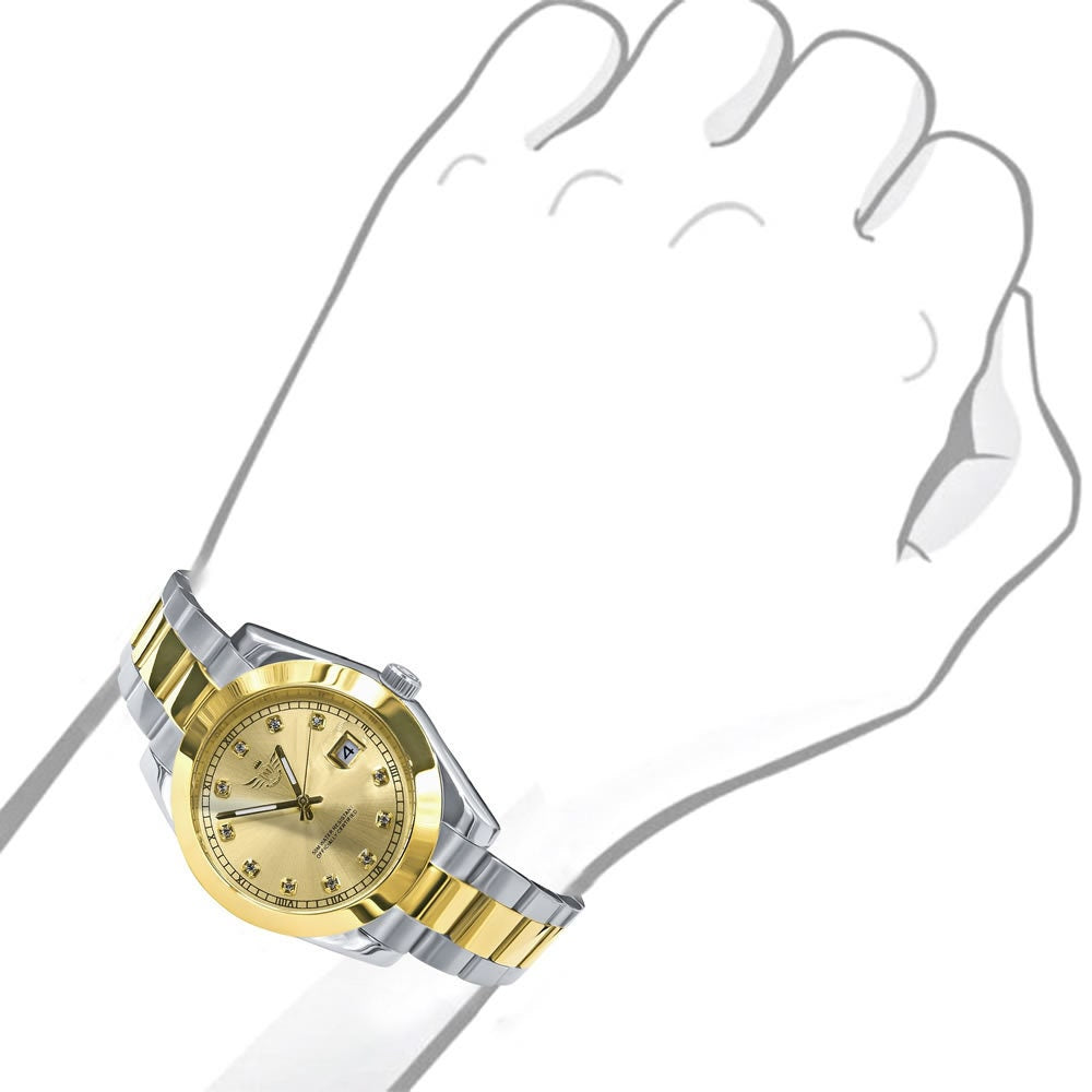 Men's Solid Full Stainless Steel AUTOMATIC 18K 2 Tone Gold Finish Copper Tone Simulated Diamond 40mm Watch W/Date Function