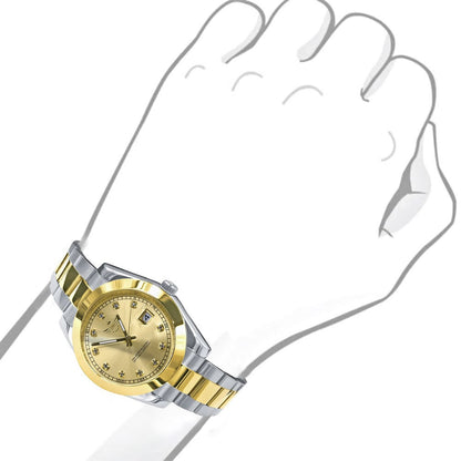 Men's Solid Full Stainless Steel AUTOMATIC 18K 2 Tone Gold Finish Copper Tone Simulated Diamond 40mm Watch W/Date Function