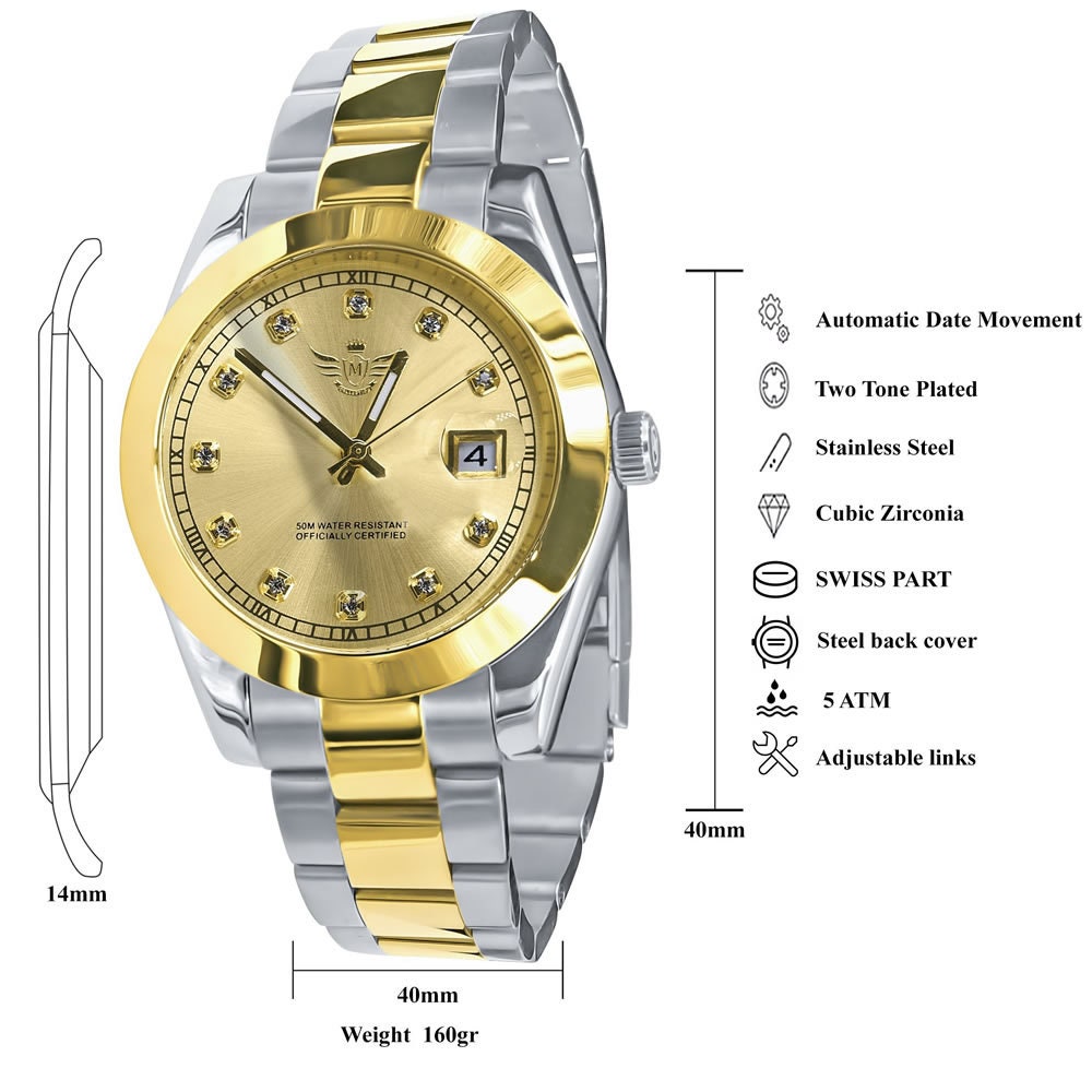 Men's Solid Full Stainless Steel AUTOMATIC 18K 2 Tone Gold Finish Copper Tone Simulated Diamond 40mm Watch W/Date Function