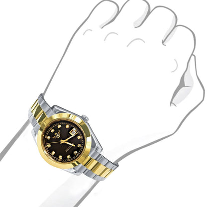 Coffee Brown Dial Face Men's Solid Full Stainless Steel AUTOMATIC 18K 2 Tone Gold Finish Simulated Diamond 40mm Watch W/Date Function