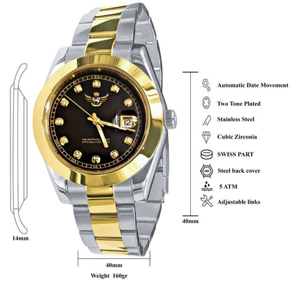 Coffee Brown Dial Face Men's Solid Full Stainless Steel AUTOMATIC 18K 2 Tone Gold Finish Simulated Diamond 40mm Watch W/Date Function