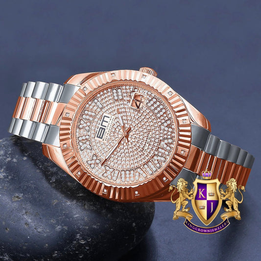 Roman Numeral Face Solid Stainless Steel Genuine Diamond Dial 18K 2 Tone Rose Gold Finish Copper Tone 42mm Men's Watch W/Date Function
