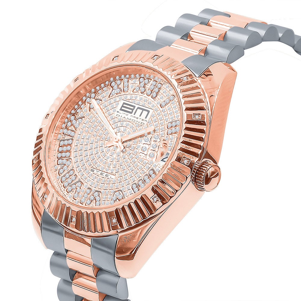 Roman Numeral Face Solid Stainless Steel Genuine Diamond Dial 18K 2 Tone Rose Gold Finish Copper Tone 42mm Men's Watch W/Date Function