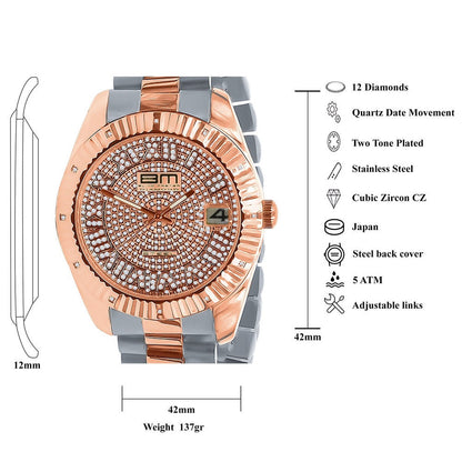 Roman Numeral Face Solid Stainless Steel Genuine Diamond Dial 18K 2 Tone Rose Gold Finish Copper Tone 42mm Men's Watch W/Date Function