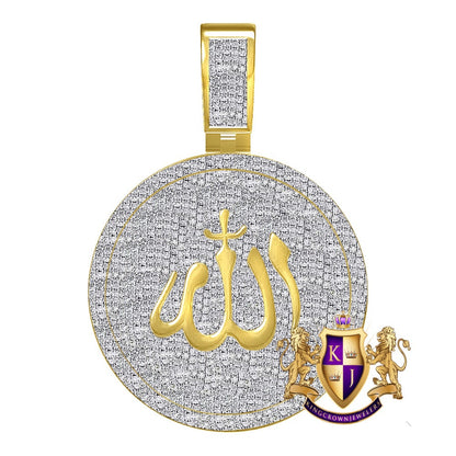 Real Genuine Authentic Diamond 1.25 Cwt. Allah God Muslim Islamic Arabic Round Medallion Charm 10k Gold Over Unisex Religious Pendent 2''