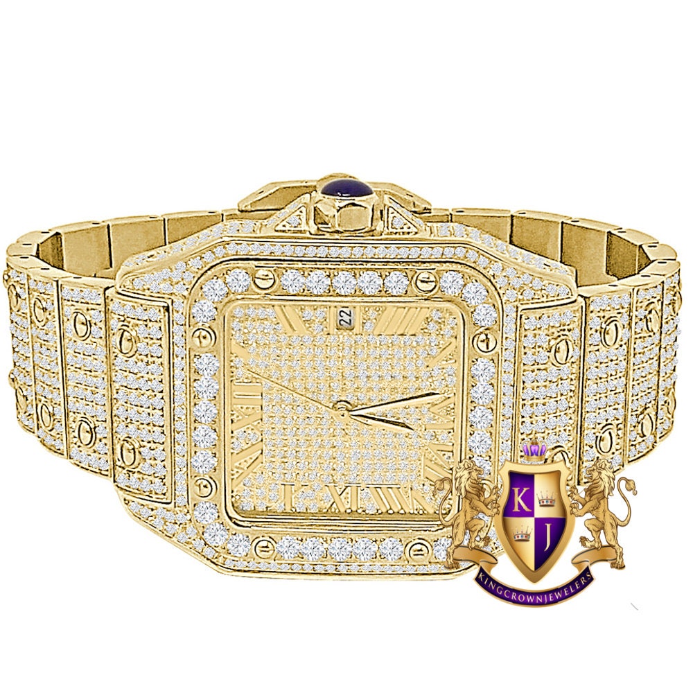 Men's Solid Stainless Steel Roman Dial Face 18K Yellow Gold Finish Iced Out Automatic Movement Date Luxury Handmade Custom Watch