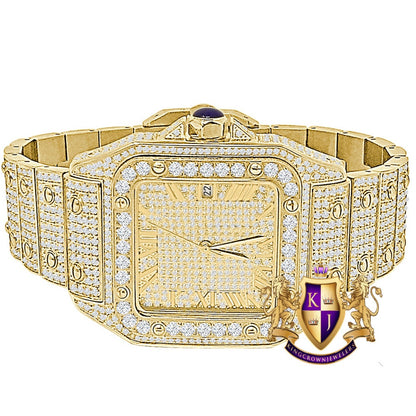 Men's Solid Stainless Steel Roman Dial Face 18K Yellow Gold Finish Iced Out Automatic Movement Date Luxury Handmade Custom Watch