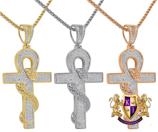 Real Genuine Diamond 21+ Grams Egyptian Ankh Cross King Cobra Snake Evil Power Charm 10K Gold Over Unisex Custom Pendent 2.5''