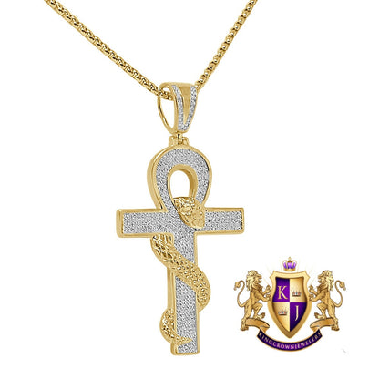 Real Genuine Diamond 21+ Grams Egyptian Ankh Cross King Cobra Snake Evil Power Charm 10K Gold Over Unisex Custom Pendent 2.5''