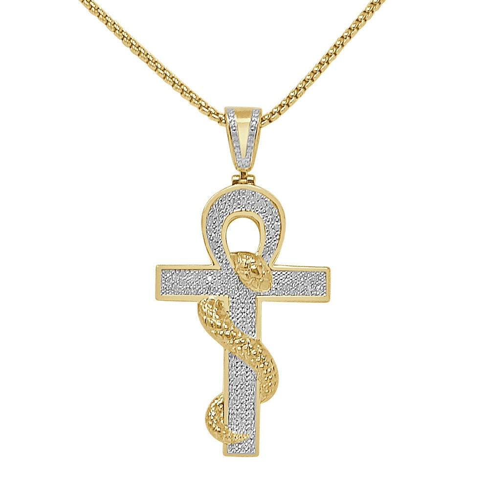 Real Genuine Diamond 21+ Grams Egyptian Ankh Cross King Cobra Snake Evil Power Charm 10K Gold Over Unisex Custom Pendent 2.5''