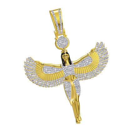 Real Genuine Diamond Ancient Egyptian Horus Sky Goddess God Isis Osiris Pendent 10K Gold Over Unisex Pharaoh Charm + Chain 25+ Grams 2.65''