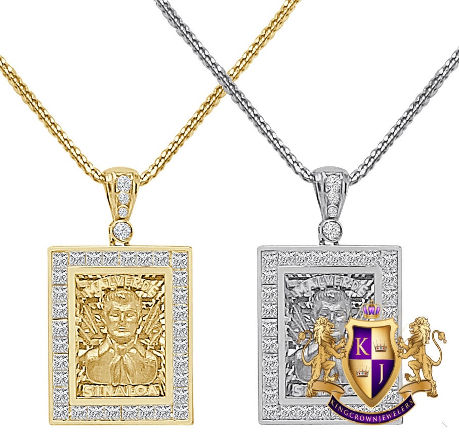 100% Real 10K Solid Yellow Gold Jesús Malverde Sinaloa Narco-Saint Square Frame Pendent Charm Small 1.25'' + Free Chain