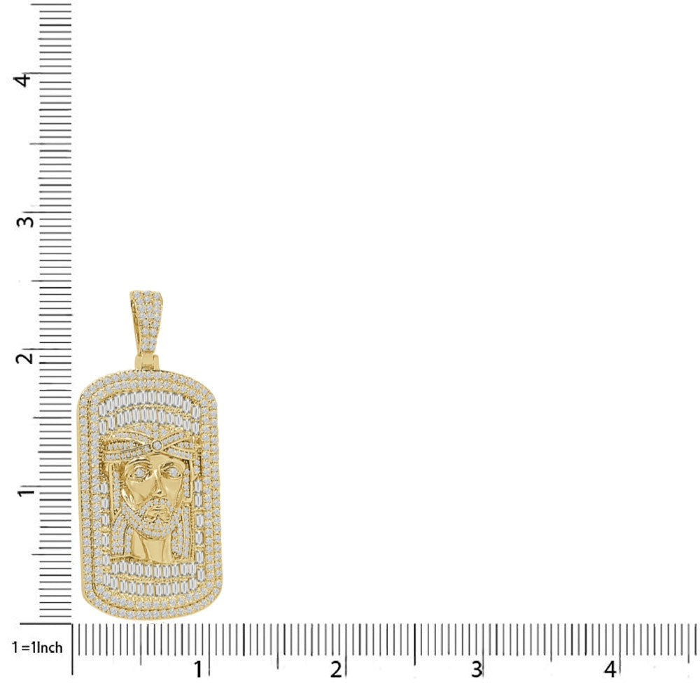 26+ Grams Big 2.35'' 14K Gold Over Baguette/Round Cut Simulated Diamond Jesus Christ Face Piece Dog Tag Frame Pendent Custom Charm Chain Set
