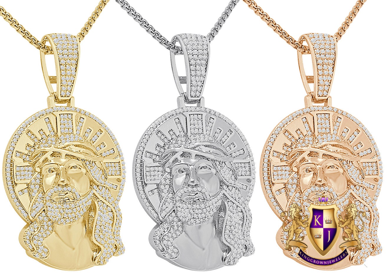 29+ Grams Big 2.35'' 14K Gold Over Round Cut Simulated Diamond Jesus Christ Face Piece Pendent Custom Charm Chain Set