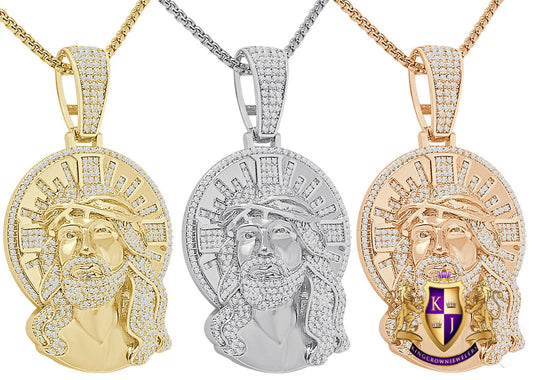 29+ Grams Big 2.35'' 14K Gold Over Round Cut Simulated Diamond Jesus Christ Face Piece Pendent Custom Charm Chain Set