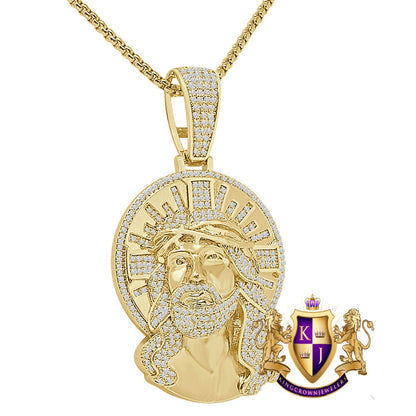 29+ Grams Big 2.35'' 14K Gold Over Round Cut Simulated Diamond Jesus Christ Face Piece Pendent Custom Charm Chain Set