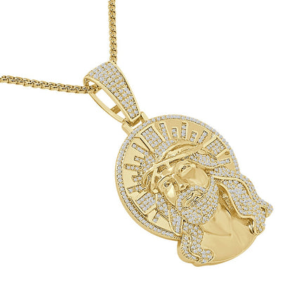 29+ Grams Big 2.35'' 14K Gold Over Round Cut Simulated Diamond Jesus Christ Face Piece Pendent Custom Charm Chain Set