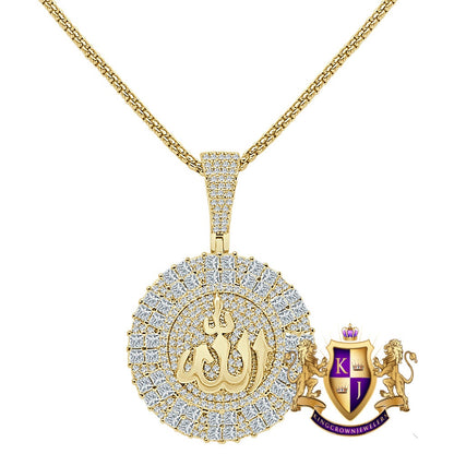 22+ Grams 14K Gold Over Simulated Diamond Allah God Muslim Arabic Islamic Round Flower Medallion Pendent Custom Charm Chain Set 2''
