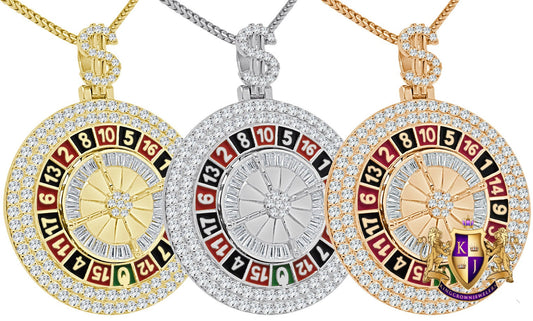 27+ Grams Real Sterling Silver Multi Tone 14K Gold Over Casino Gambling Roulette Wheel Dollar Sign Simulated Diamond Pendant Lucky Charm