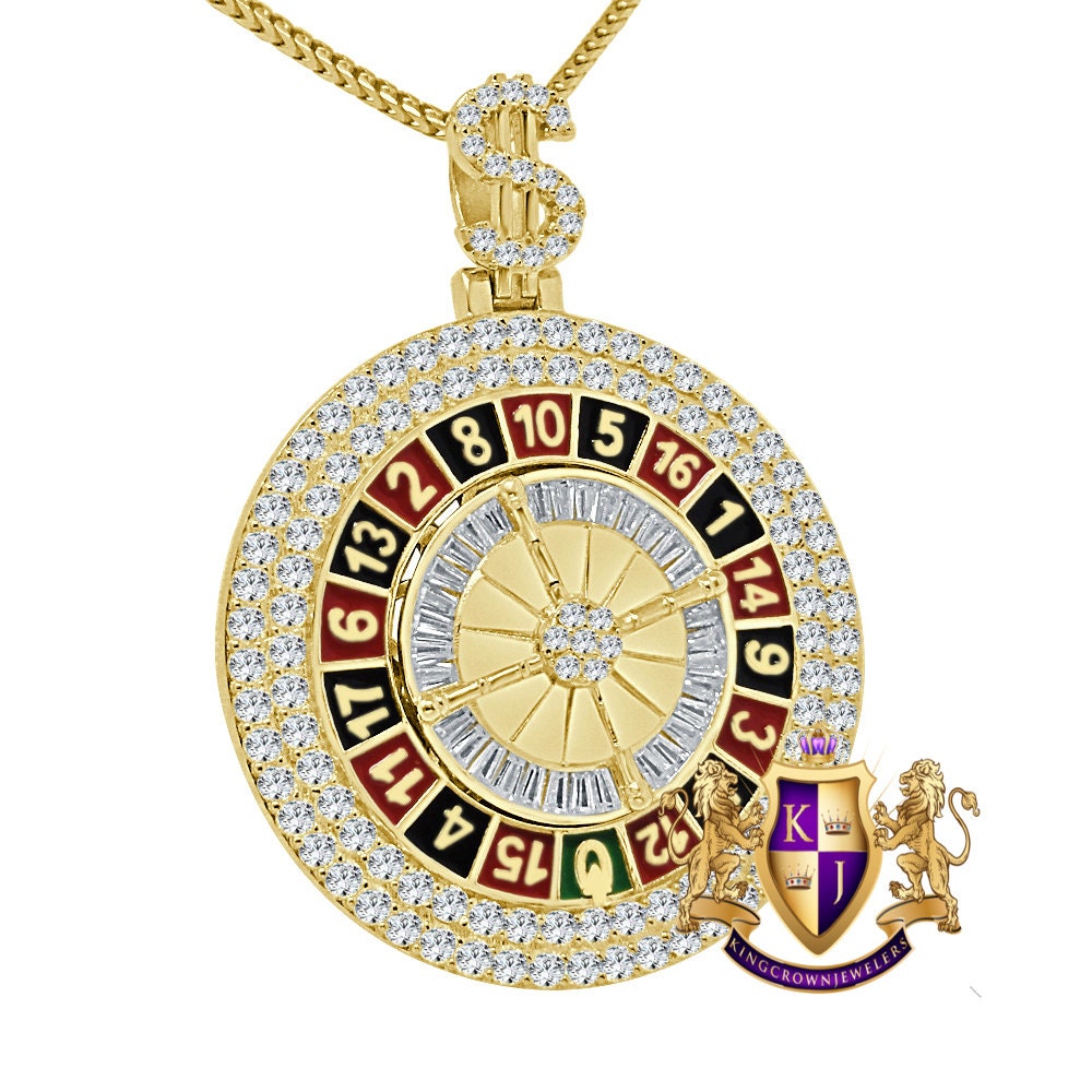 27+ Grams Real Sterling Silver Multi Tone 14K Gold Over Casino Gambling Roulette Wheel Dollar Sign Simulated Diamond Pendant Lucky Charm