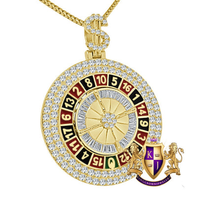 27+ Grams Real Sterling Silver Multi Tone 14K Gold Over Casino Gambling Roulette Wheel Dollar Sign Simulated Diamond Pendant Lucky Charm