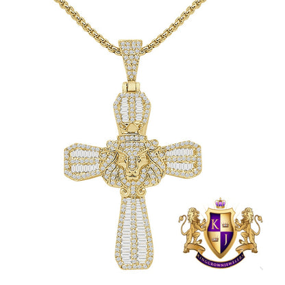 20+ Grams 14K Gold Over Baguette/Round Cut Simulated Diamond Jesus Christ Cross Lion Face Pendent Custom Charm Chain Set 2.25''