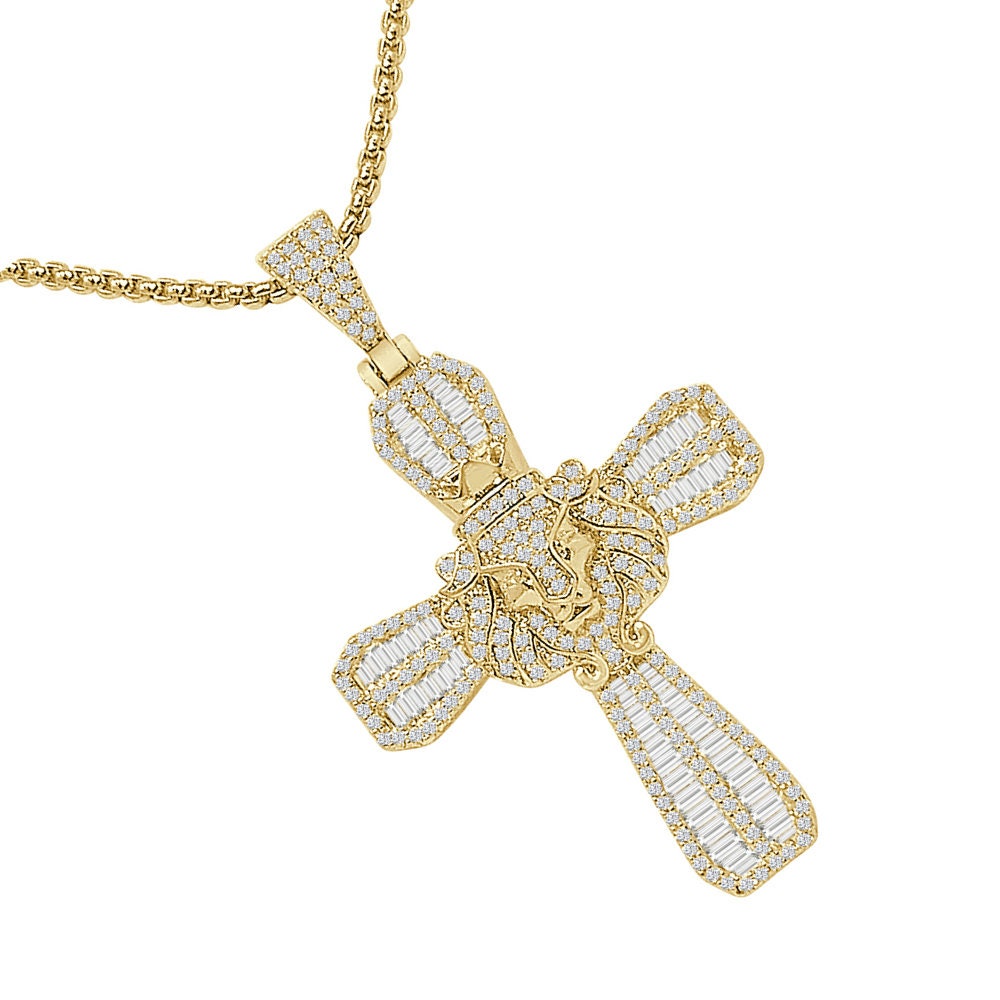20+ Grams 14K Gold Over Baguette/Round Cut Simulated Diamond Jesus Christ Cross Lion Face Pendent Custom Charm Chain Set 2.25''