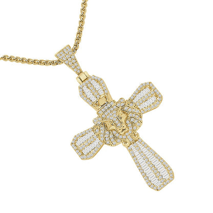 20+ Grams 14K Gold Over Baguette/Round Cut Simulated Diamond Jesus Christ Cross Lion Face Pendent Custom Charm Chain Set 2.25''