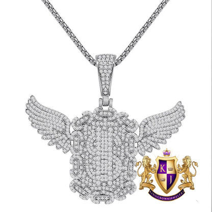 25+ Grams Simulated Diamond 14K Gold Over Flying Money Bag Cash Dollar Sign Custom Charm Pendent Chain Set 2''