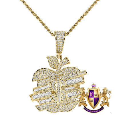 23+ Grams Baguette/Round Cut Simulated Diamond 14K Gold Over Money Cash Dollar Sign Apple Shape Custom Charm Pendent Chain Set 2''