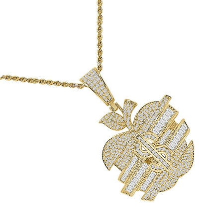 23+ Grams Baguette/Round Cut Simulated Diamond 14K Gold Over Money Cash Dollar Sign Apple Shape Custom Charm Pendent Chain Set 2''