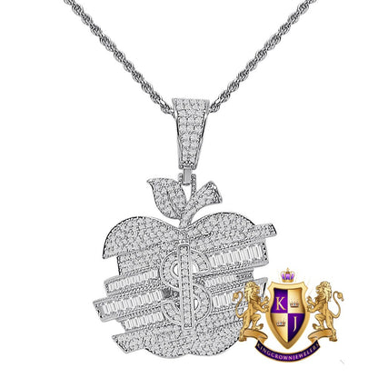 23+ Grams Baguette/Round Cut Simulated Diamond 14K Gold Over Money Cash Dollar Sign Apple Shape Custom Charm Pendent Chain Set 2''