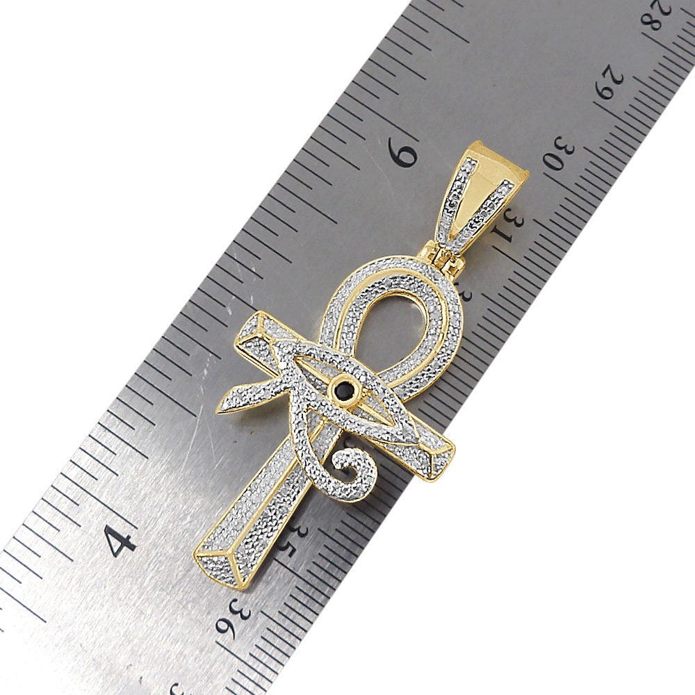 Real Genuine Authentic Diamond Ancient Egyptian Ankh Cross Horus Evil Eye Of Ra Pendent 10K Gold Over Unisex Pharaoh Charm Chain Set 2''