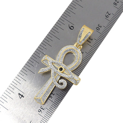 Real Genuine Authentic Diamond Ancient Egyptian Ankh Cross Horus Evil Eye Of Ra Pendent 10K Gold Over Unisex Pharaoh Charm Chain Set 2''