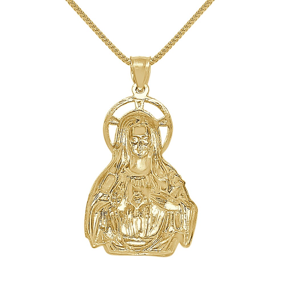 100% 10K Real Authentic Solid Yellow Gold Lady Guadalupe Virgin Mother Mary Pendent Religious Charm 1.85'' + Free Chain