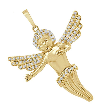 100% 10K Real Solid Yellow Gold Flying Wings Baby Cherub Angel Simulated Diamond Pendent Religious Charm 1.75'' + Free Chain