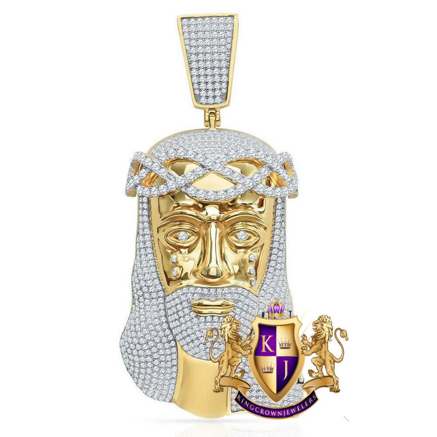 Real Genuine Sterling Silver 100+ Grams Big Huge 4.25'' 14K Gold Over Custom Jesus Piece Face 9.00 Cwt. Simulated Diamond Pendant Charm