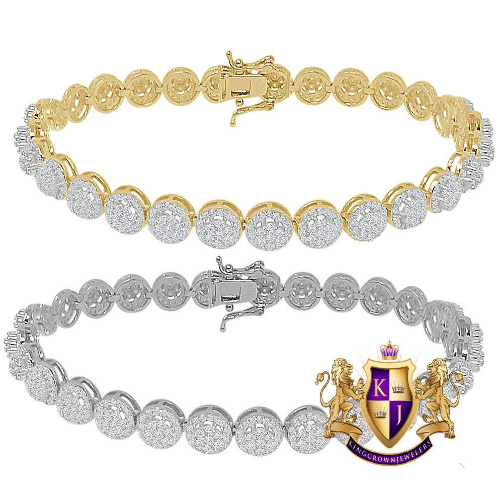 Real Genuine Sterling Silver 14K Gold Over Simulated Diamond 7 mm Flower Cluster Tennis Link Bracelet 7.5'' Unisex