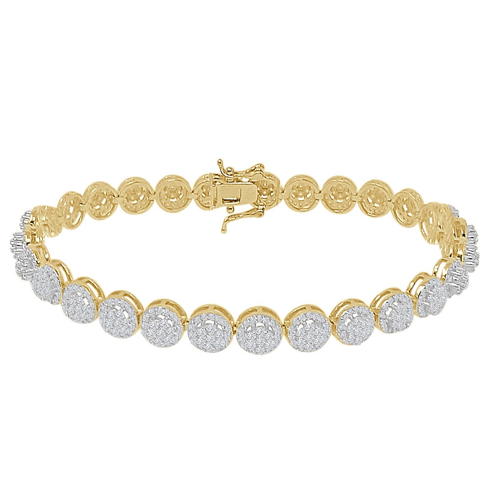 Real Genuine Sterling Silver 14K Gold Over Simulated Diamond 7 mm Flower Cluster Tennis Link Bracelet 7.5'' Unisex