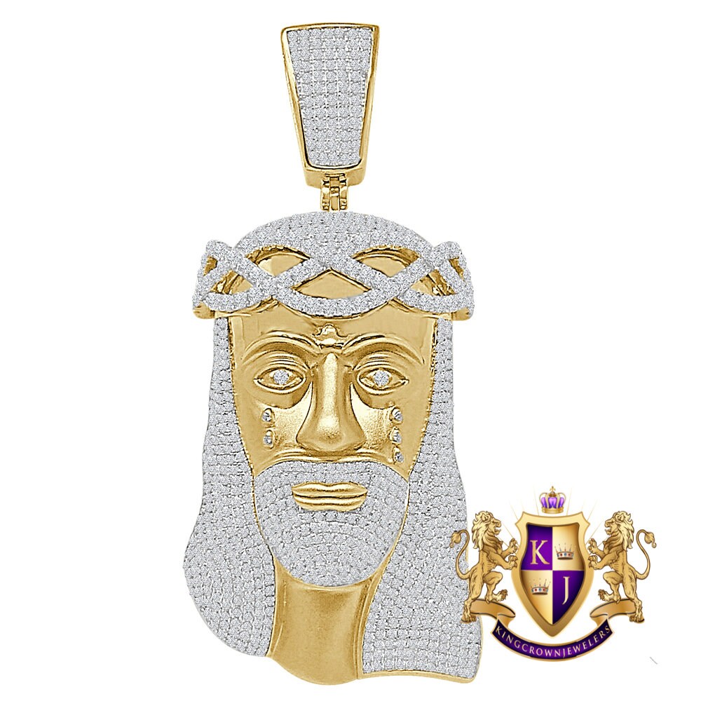 Big Huge 4.25'' Real Sterling Silver 100+ Grams 14K Matte Gold Over Custom Jesus Face Piece  9.00 Cwt. Simulated Diamond Cross Pendant Charm