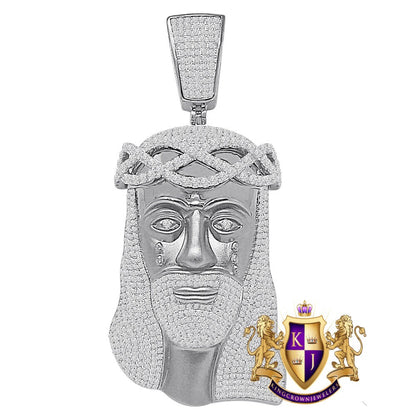 Big Huge 4.25'' Real Sterling Silver 100+ Grams 14K Matte Gold Over Custom Jesus Face Piece  9.00 Cwt. Simulated Diamond Cross Pendant Charm