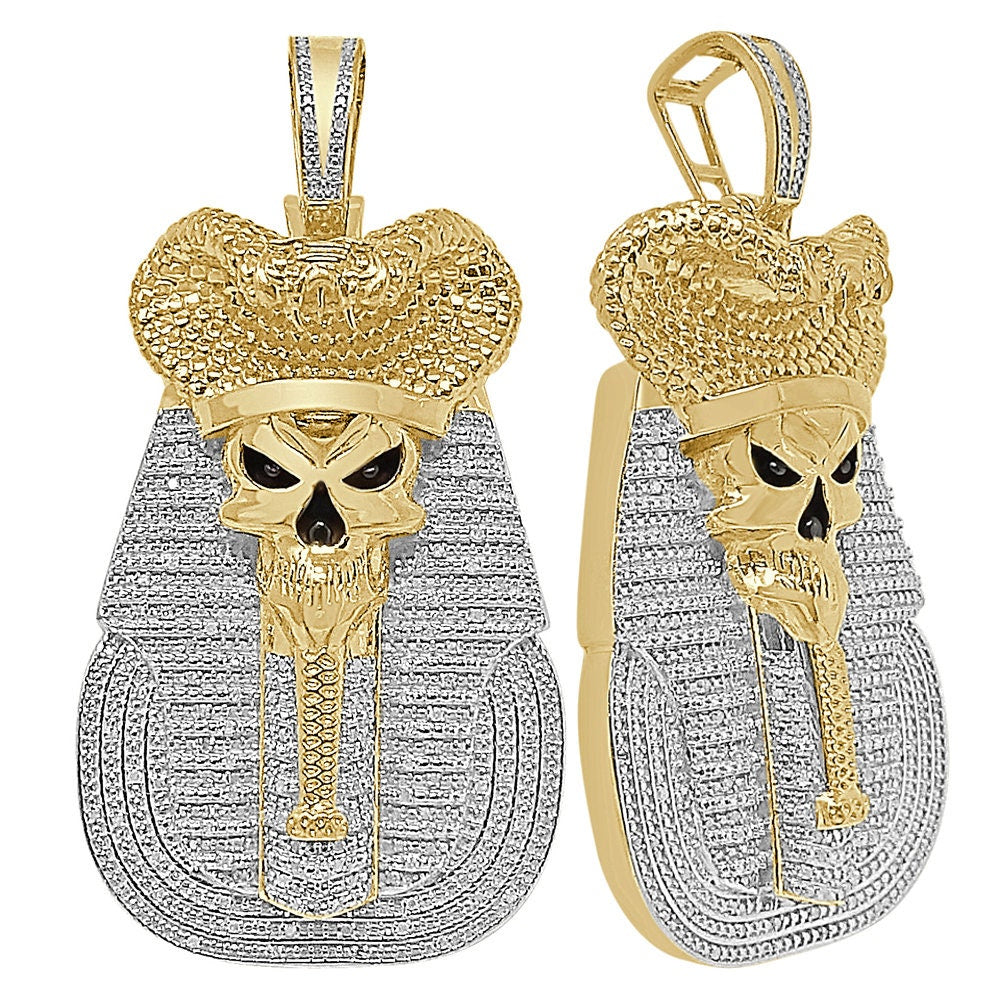 100% Real Genuine Diamond 31+ Grams Egyptian King Tut Death Skull Pharaoh Mummy Charm Cobra Snake Evil Power 10K Gold Over Pendent Big 2.5''