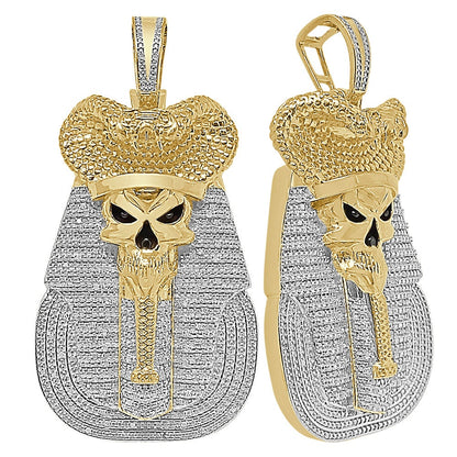 100% Real Genuine Diamond 31+ Grams Egyptian King Tut Death Skull Pharaoh Mummy Charm Cobra Snake Evil Power 10K Gold Over Pendent Big 2.5''