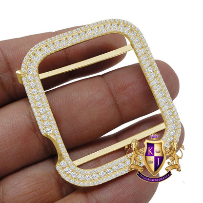 Apple Watch Series # 7 Bezel 45mm Real Genuine Sterling Silver 2.50 Cwt. Simulated Diamond 14K Gold Finish Custom Unisex Insert Cover Case