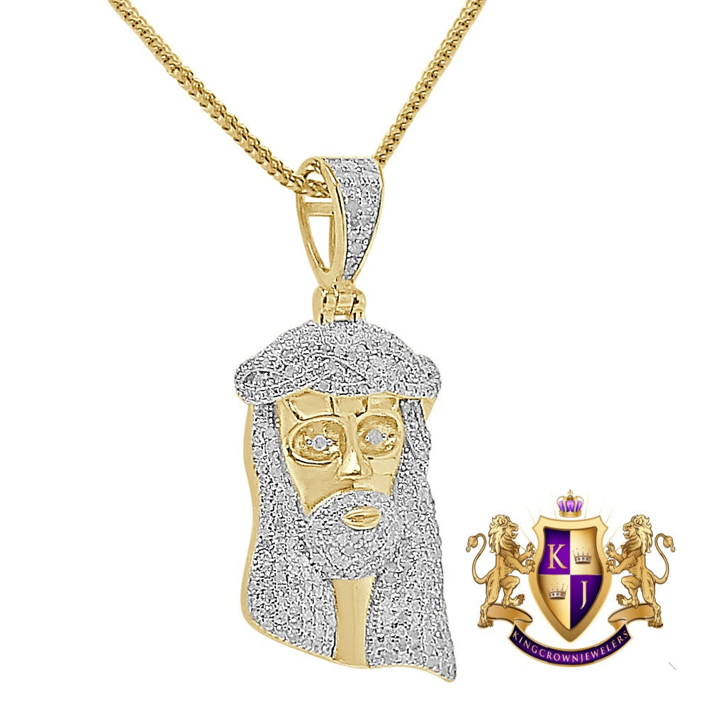 Real Genuine Authentic Diamond 1.20 Cwt. Jesus Face Piece Pendent 10K Gold Over Unisex Religious Charm Chain Set Small 1.75''